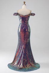 Glitzernde Meerjungfrau schulterfreies lila Ballkleid mit Schlitz